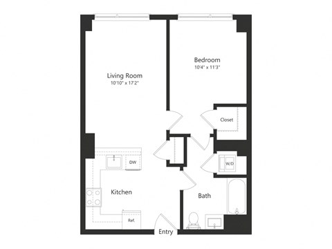 Floor plan for 1 bed, 1 bath, 657 sqft